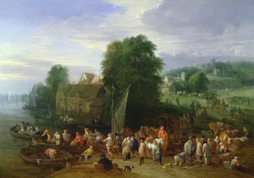 Paysage côtier boisé avec de nombreux paysans et voyageurs à un débarcadère, un village au-delà